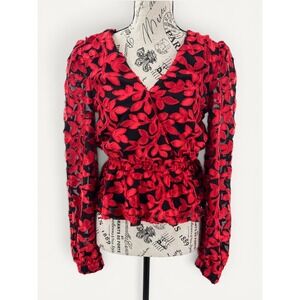 g.p.d. Anthropologie Floral Embroidered Mesh S Peplum Faux Wrap Top Evening Vamp